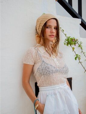 Vrg Girl Sheer Lace Polo Top in Cream